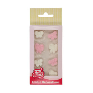 Décorations en sucre FunCakes nœuds roses et blancs 8 pièces